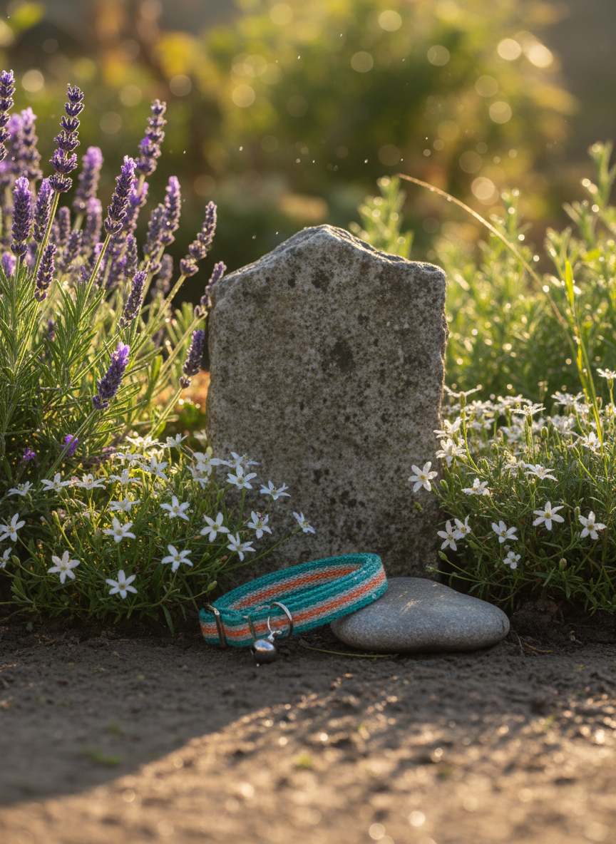A small, sunlit garden corner features a simple stone marker with no text, nestled among lavender, rosemary, and low white blossoms. In front of the stone lies a neatly folded, colorful cat collar with a tiny bell, and a smooth, heart-shaped river rock. Dew still clings to petals and leaves, catching the early morning light that streams in at a low angle, creating sparkling highlights and soft, elongated shadows. The camera is positioned low, almost at ground level, drawing attention to the collar and stone against a softly blurred backdrop of greenery. The photographic realism, gentle color palette, and tranquil atmosphere convey a private, dignified resting place for a beloved pet.