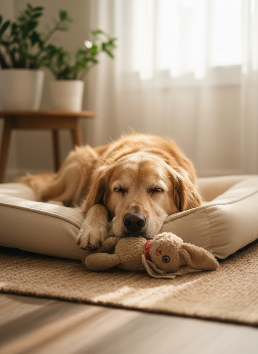 A dignified, elderly golden retriever lies peacefully on a plush, neutral-toned dog bed, eyes gently closed, fur slightly silvered around the muzzle. A favorite, well-worn stuffed toy rests near its paws. The setting is a serene corner of a living room, with a soft wool rug beneath and a few tasteful plants blurred in the background. Late afternoon golden light filters through sheer curtains, outlining the dog’s fur with a gentle halo and casting warm, elongated shadows. Photographed at eye level with shallow depth of field, the dog’s serene expression is in sharp focus while the surroundings soften, creating a compassionate, tender atmosphere suited for a memorial portrait on a pet obituary site.