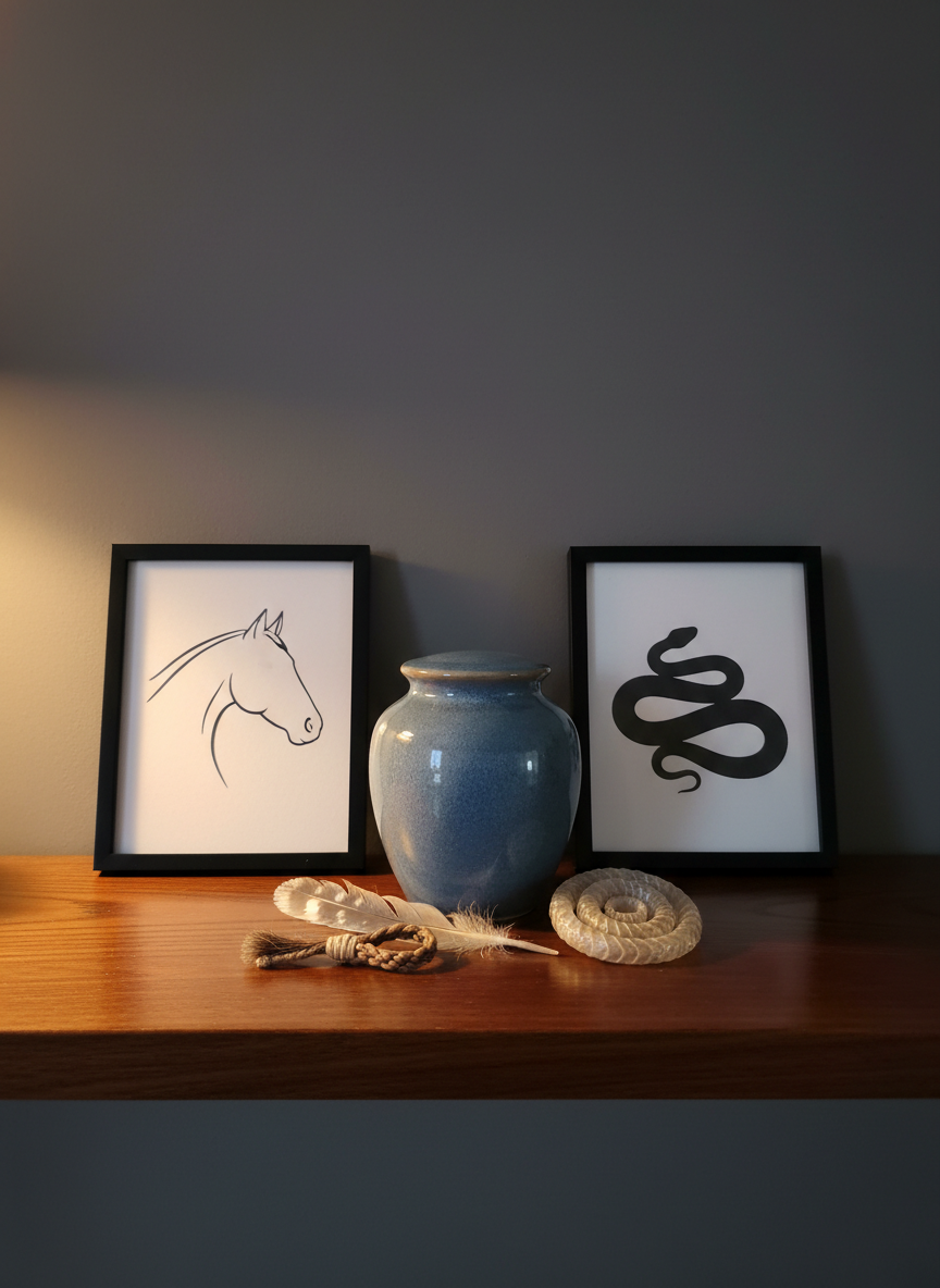 A polished wooden shelf displays a small ceramic urn in soft slate blue, flanked by two framed silhouettes of different animals without any facial details, only elegant outlines. Around the urn are carefully arranged mementos: a braided horse tail keepsake, a tiny bird feather, and a neatly coiled reptile shed, all lit by warm, indirect lamplight from the side. The light creates subtle reflections on the urn’s curved surface and casts delicate shadows that add depth. The background is a dark, softly blurred wall, emphasizing the memorial objects. Shot with a centered composition and medium depth of field in photographic realism, the image evokes a sophisticated, inclusive tribute space for many kinds of beloved animals. 