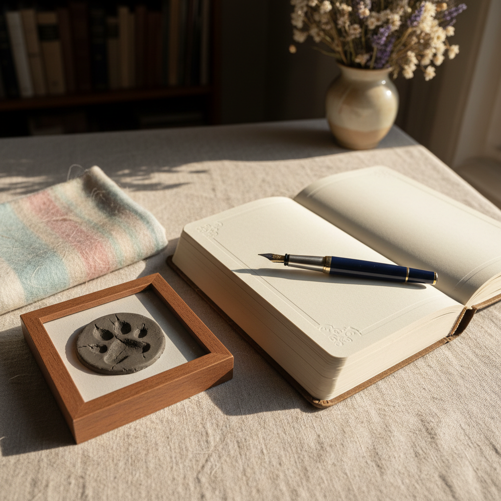 An elegantly bound, cream-colored journal lies open on a linen-covered desk, its blank pages softly curved, with a smooth fountain pen resting across the center fold. Beside it sits a small, framed paw print impression in dark clay and a neatly folded, pastel pet blanket with faint fur still visible on the fibers. Gentle morning light from an unseen window washes across the scene, creating delicate shadows along the journal’s spine. The background fades into a soft-focus bookshelf and a subtle vase of muted flowers. Captured from a slightly elevated angle with photographic realism, the composition invites quiet reflection, symbolizing the act of writing a heartfelt obituary for a cherished animal companion.